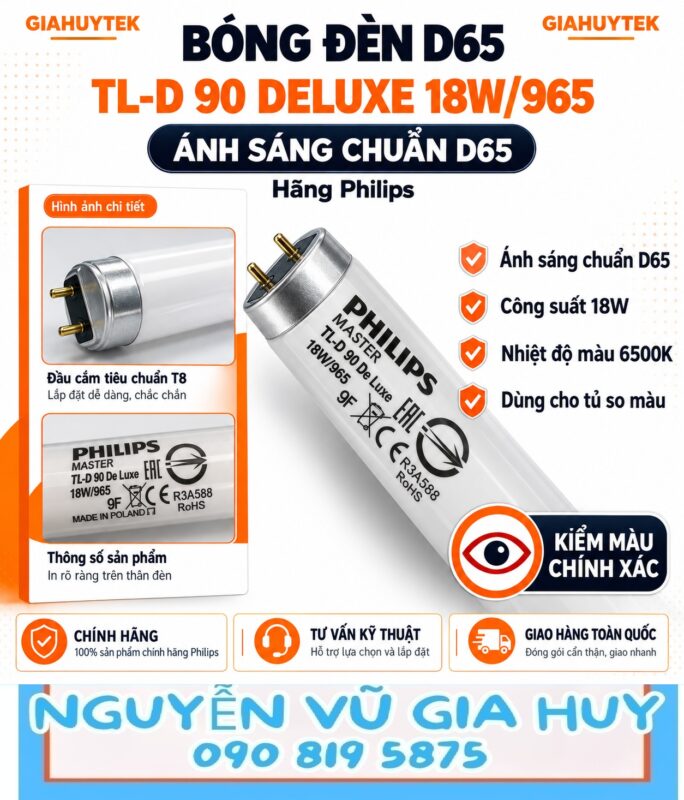 Bóng đèn D65 Philips TL-D 90 De Luxe 18W/965 cho tủ so màu