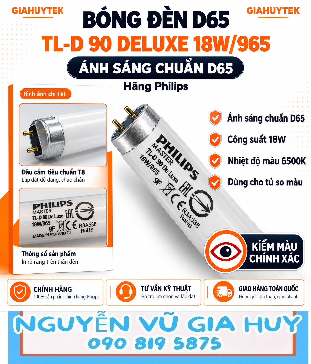 Bóng đèn D65 Philips TL-D 90 De Luxe 18W/965 cho tủ so màu