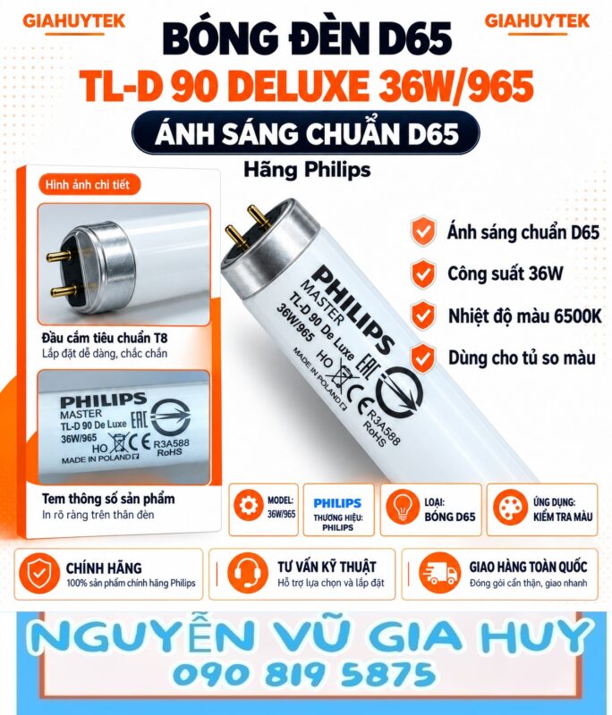 Bóng đèn D65 Philips TL-D 90 De Luxe 36W/965 cho tủ so màu
