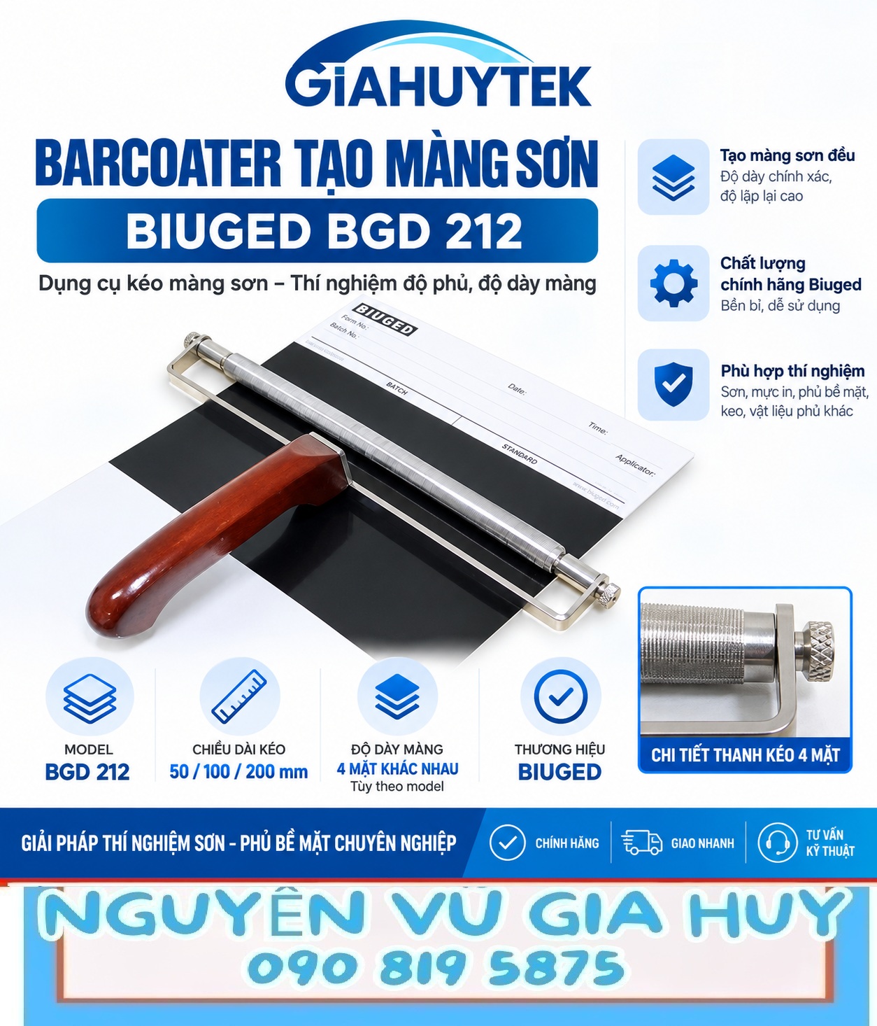 Barcoater Biuged BGD 212 dạng thanh quấn dây tạo màng sơn